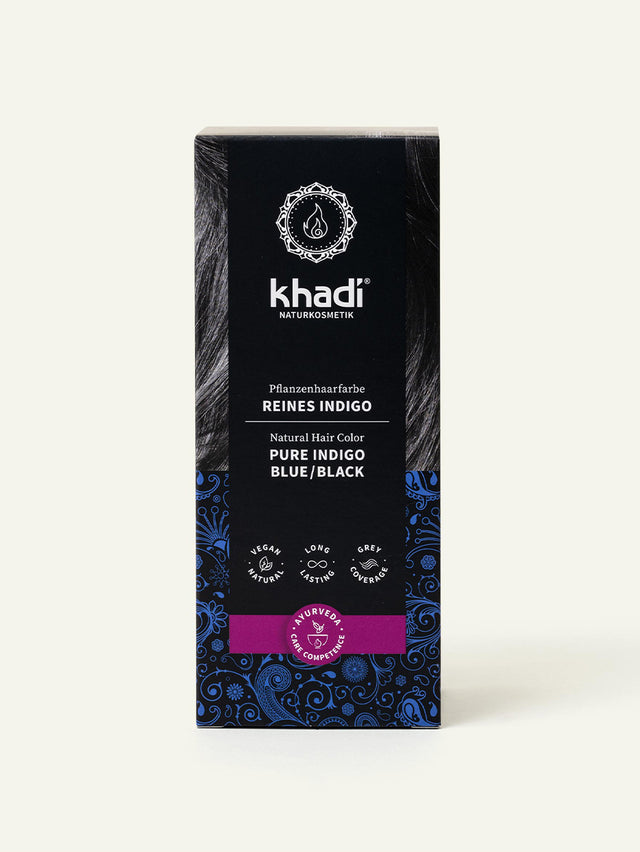 Reines Indigo Bild von khadi Pflanzenhaarfarbe reines Indigo, Vorderansicht der Verpackung